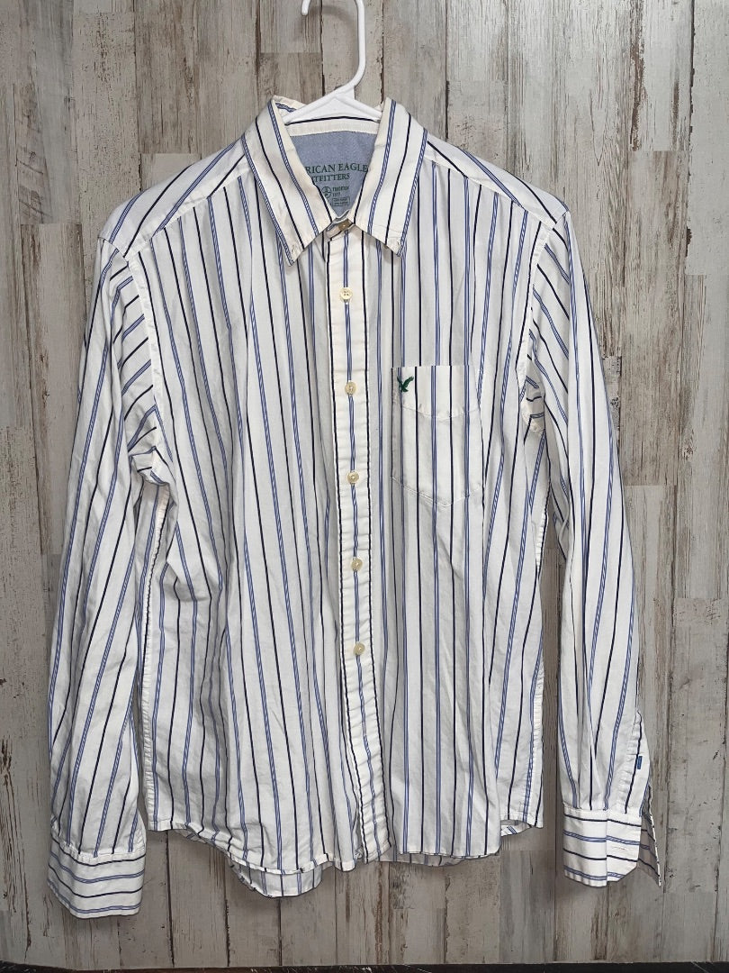 WHITE AMERICAN EAGLE STRIPE BUTTON UP, BOY ADULT S