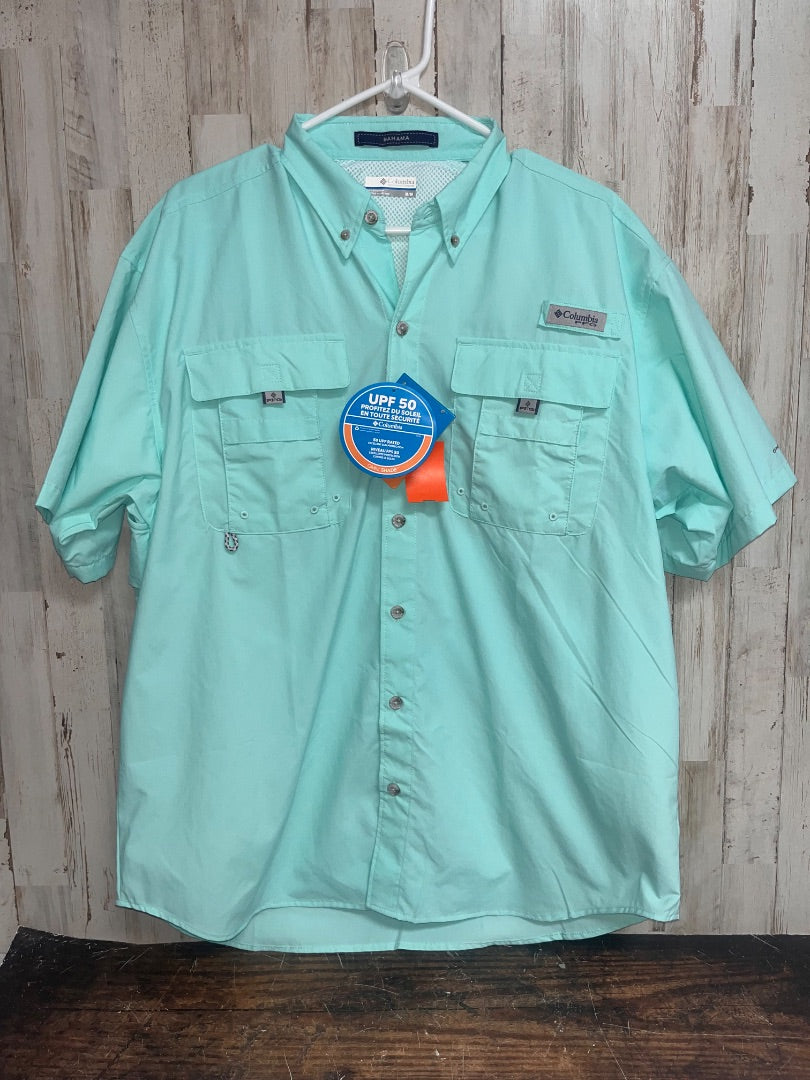 TEAL COLUMBIA NEW FISHING BUTTON UP, BOY ADULT M