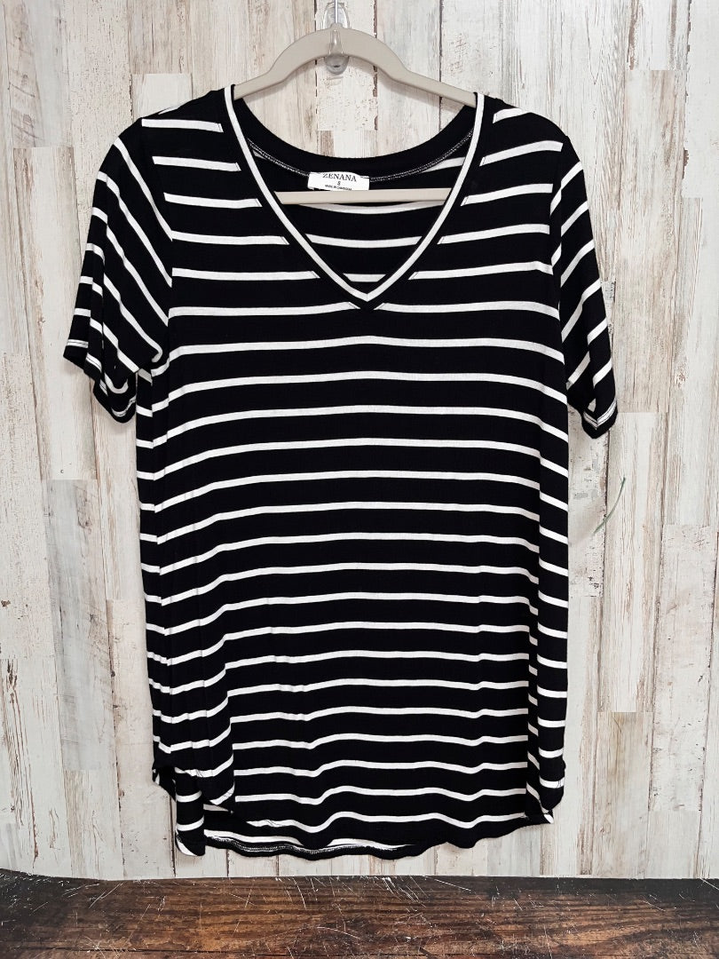 BLACK/WHITE ZENANA STRIPE V NECK TUNIC TEE, LADIES S
