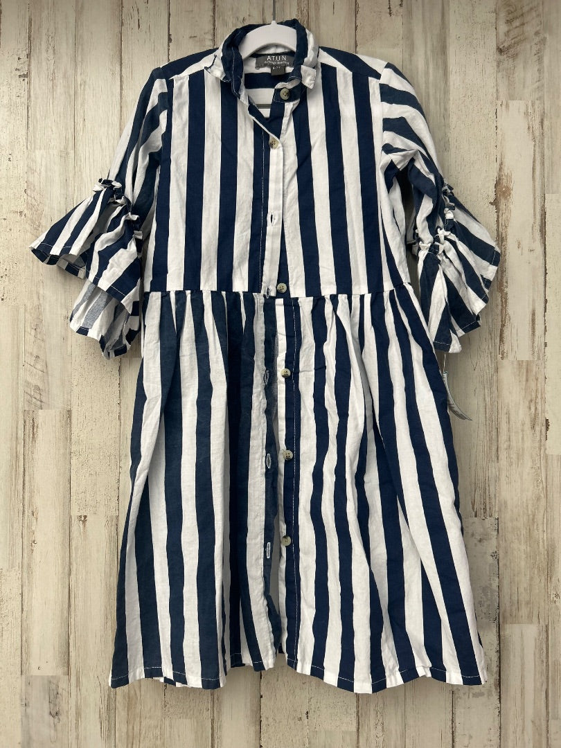 BLUE/WHITE ATUN STRIPED BELL SLEEVE DRESS, GIRL 6-7