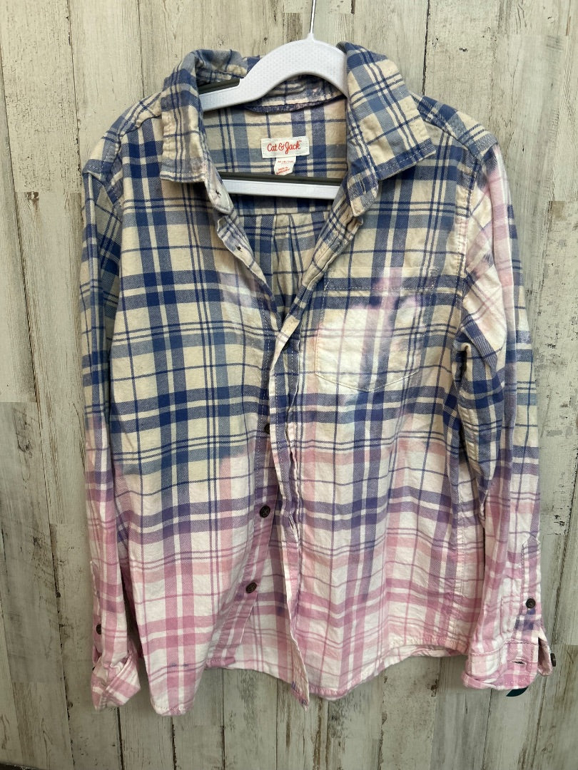 PINK/BLUE CAT & JACK BLEACHED PLAID BUTTON UP, GIRL 8/10