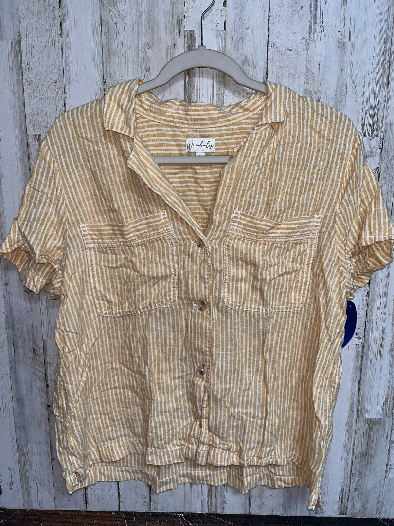 MUSTARD WONDERLY STRIPE BUTTON UP LINEN SHIRT, LADIES M