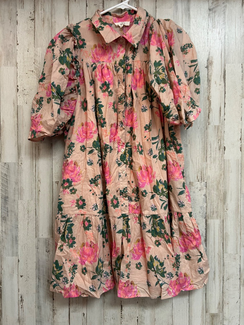 TAN ENTRO FLORAL BUTTON DRESS, LADIES M