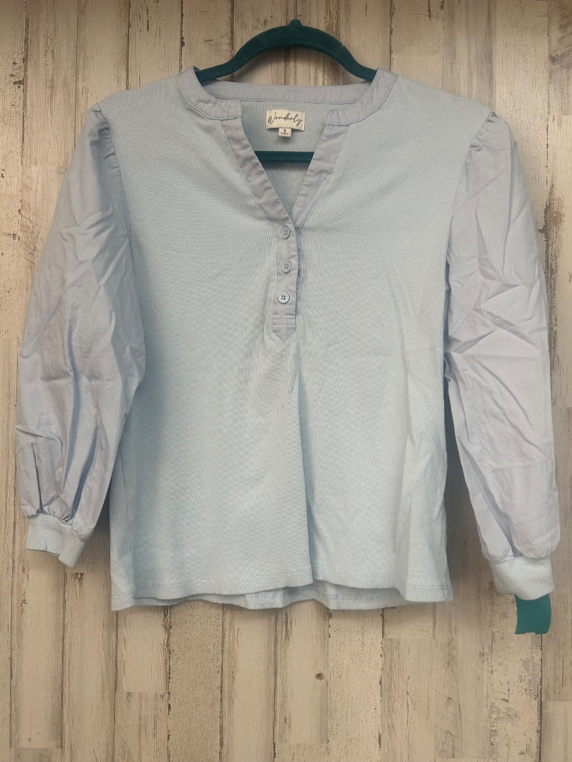 LIGHT BLUE WONDERLY RIBBED PUFF SLEEVE BUTTON TOP, LADIES S