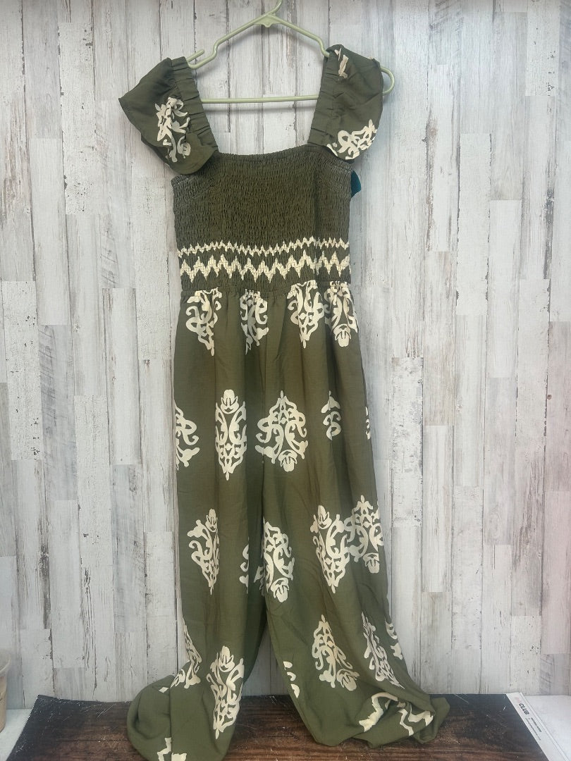 OLIVE DAMASK PRINT SMOCK ROMPER, LADIES S