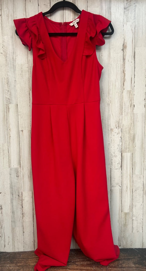 RED SPEECHLESS RUFFLE SHOULDER V NECK ROMPER SZ 5, LADIES S