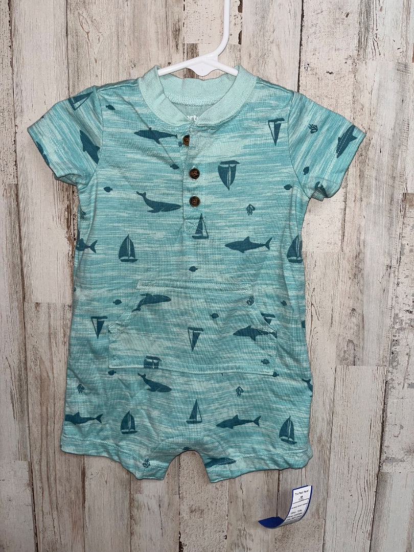 TEAL CARTERS SAILBOAT POCKET ROMPER, BOY 3/6M