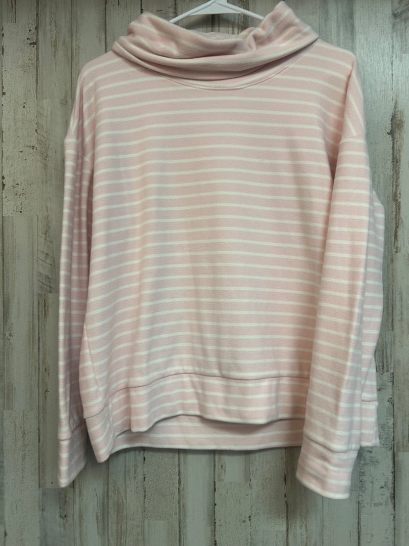 PINK/IVORY TIME AND TRU STRIPE FAUX NECK STRIPE FLEECE TOP, LADIES M