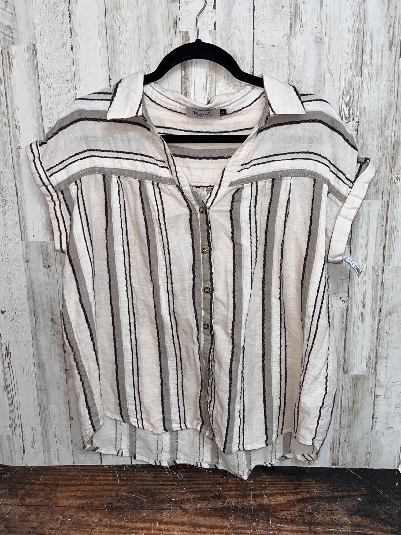 TAN M GIRLS STRIPE BUTTON UP LINEN TOP, LADIES L