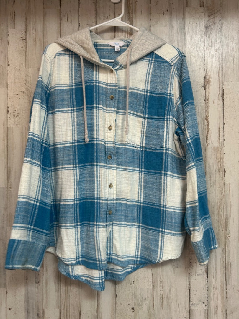 BLUE TIME AND TRU PLAID FLANNEL HOODIE BUTTON UP, LADIES L