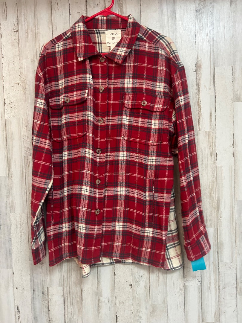 RED JAPNA FLANNEL PLAID BUTTON UP, LADIES L