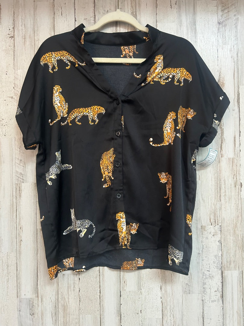 BLACK SHEIN CHEETAH SATIN BUTTON UP, LADIES L