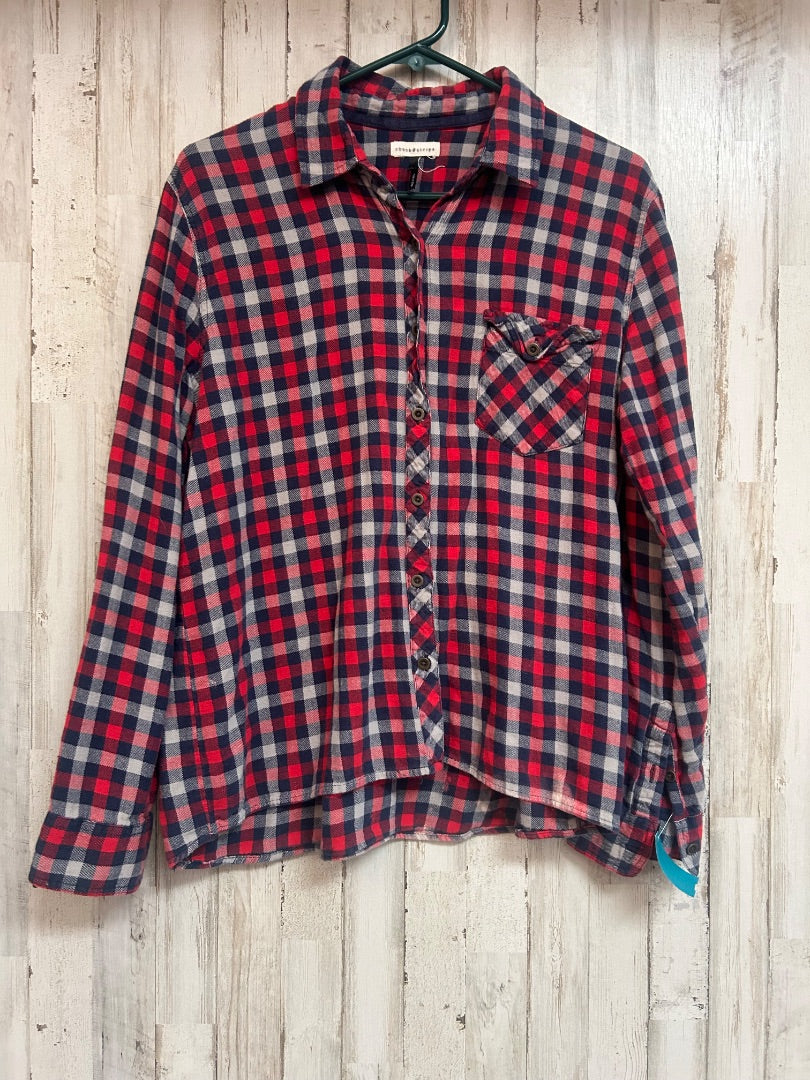 NAVY CHEEK & STRIPE FLANNEL PLAID BUTTON UP, LADIES XL