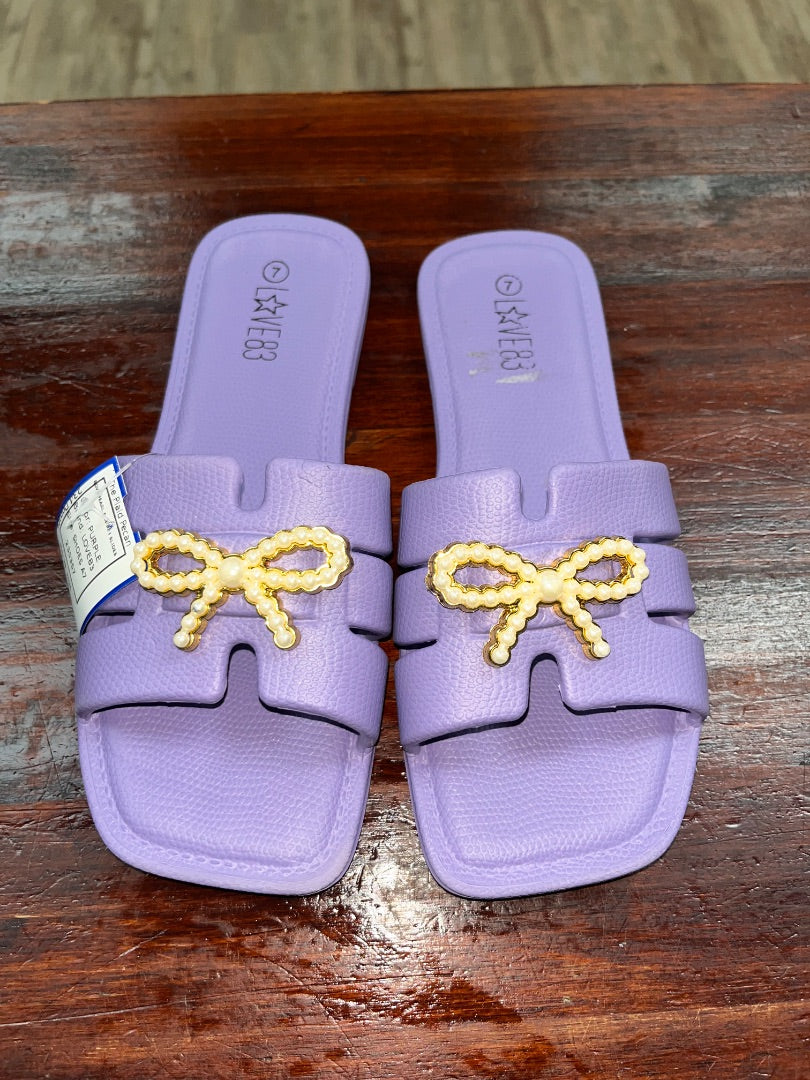 PURPLE LOVE83 BOW PEARL RUBBER SLIDES, SHOES A7