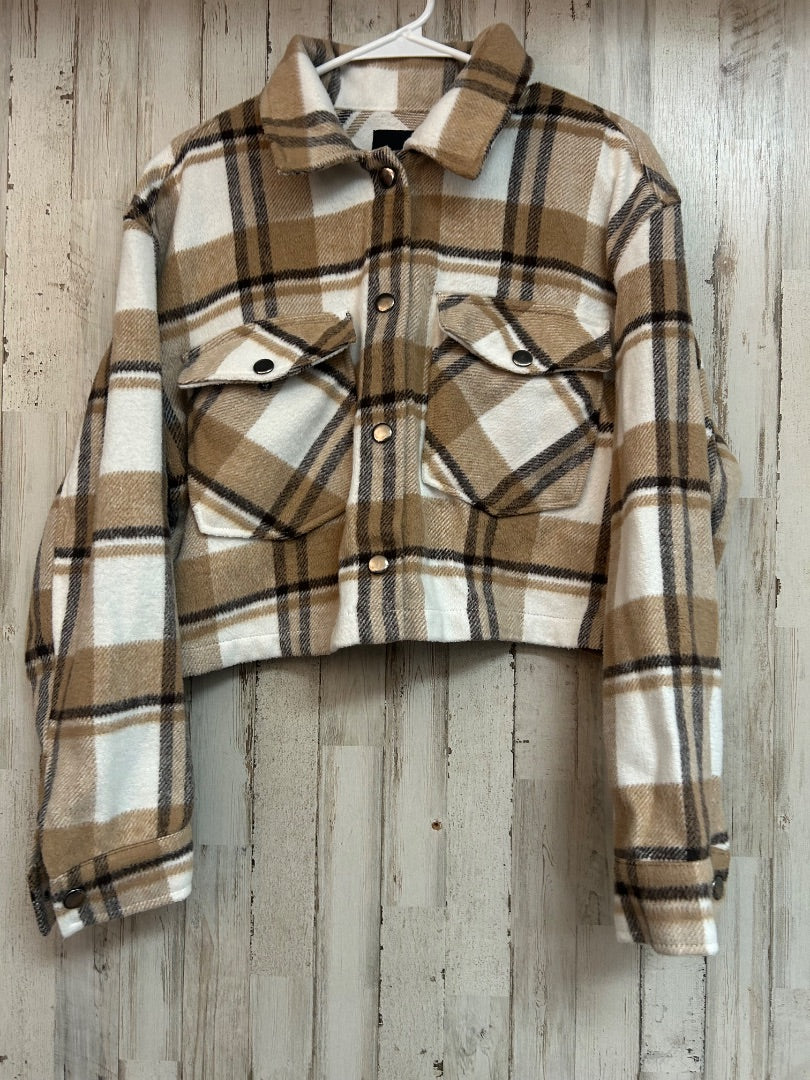 BEIGE LOVE TREE PLAID SHACKET, LADIES L