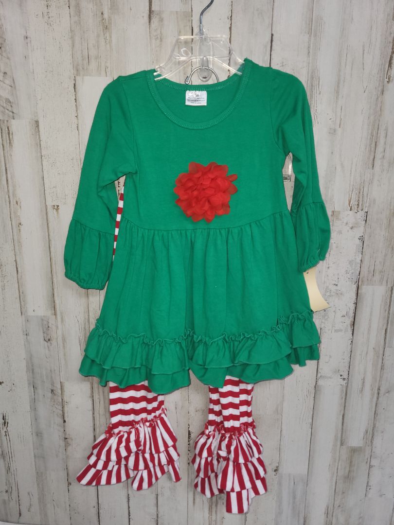 green boutique flower ruffle set, Girl 4T