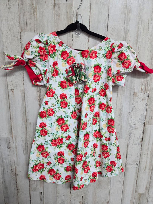 WHITE/RED HANDMADE FLORAL DRESS, GIRL 3T/4T