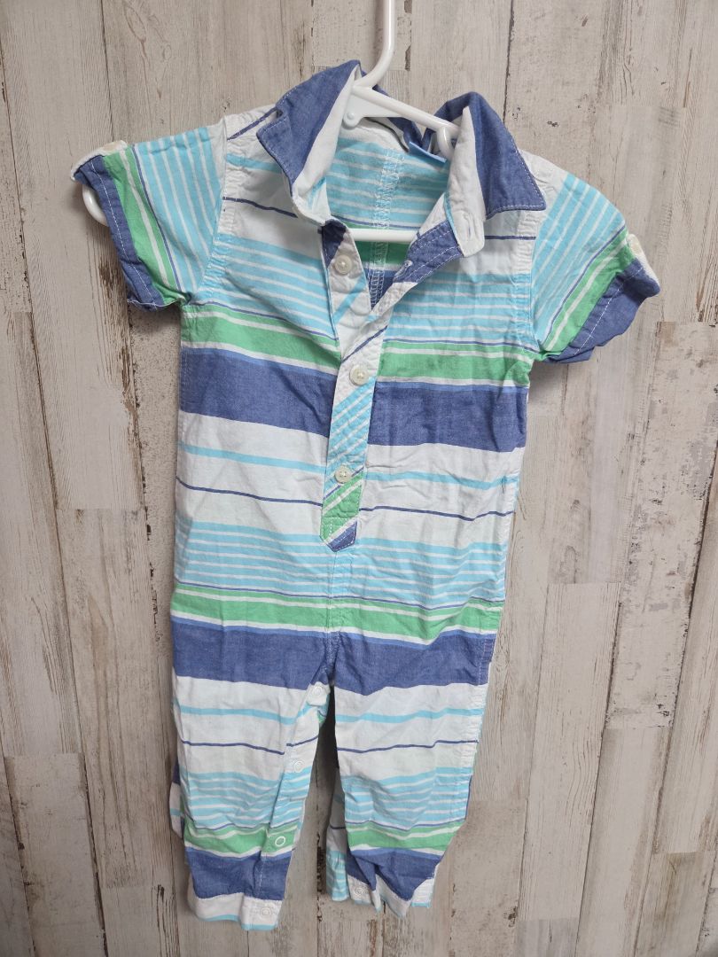 BLUE/GREEN CHILDRENS PLACE BUTTON DOWN JUMPSUIT, BOY 6-9M