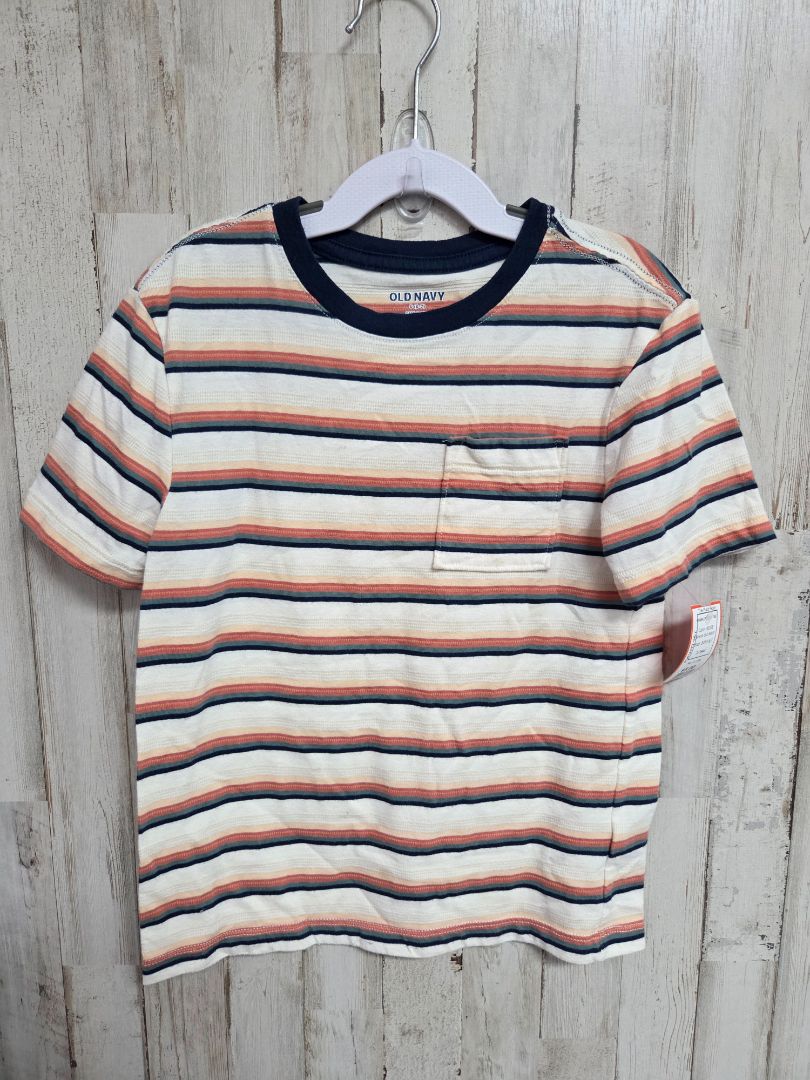BEIGE OLD NAVY STRIPE POCKET TEE, BOYS 6/7