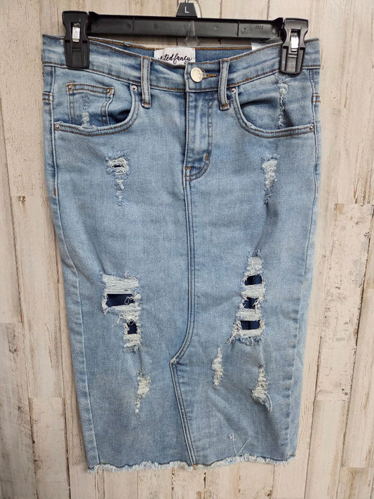 DENIM SKIRTED FANCY DISTRESSED PATCH SKIRT, LADIES XS