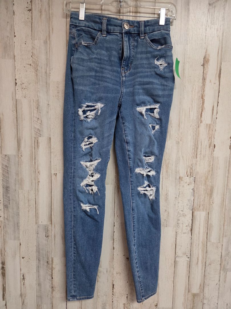 DENIM AMERICAN EAGLE SZ0 DISTRESS JEANS, LADIES XS