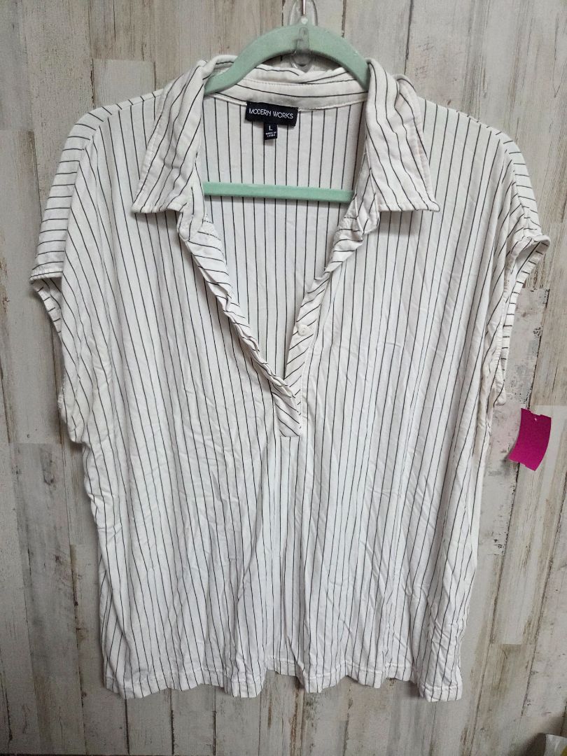 WHITE MODERN WORKS STRIPE BUTTON TOP, LADIES L