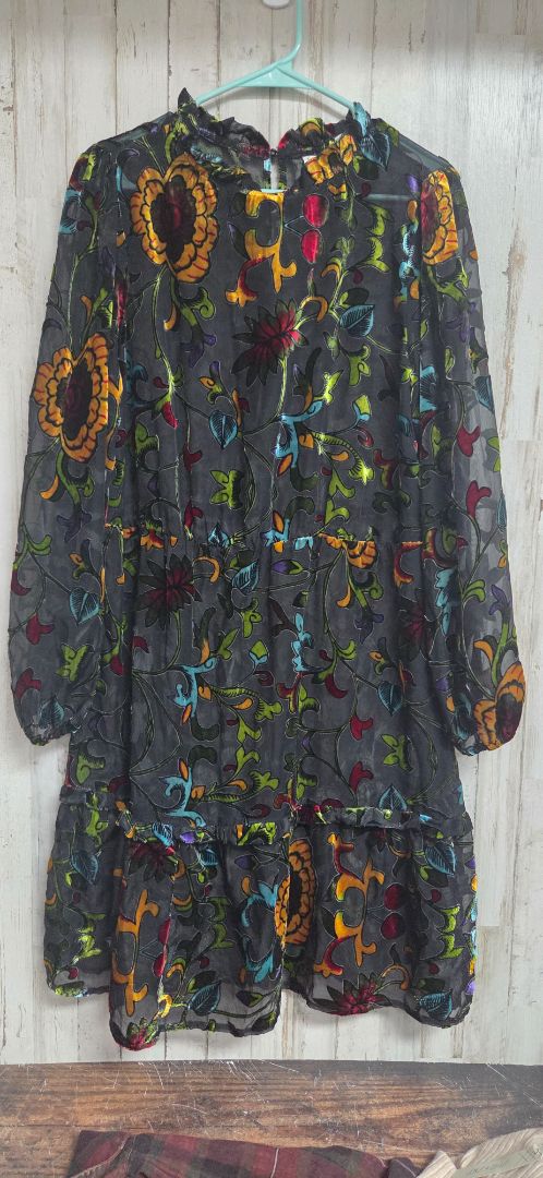 BLACK CATO 14/16 SEE THROUGH FLORAL DRESS, LADIES XL