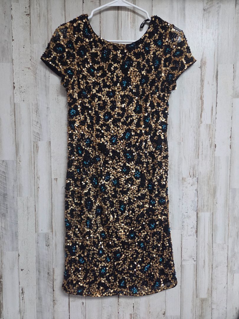 BLACK/GOLD ADRIANNA PAPELL SZ 6 SEQUIN DRESS, LADIES M