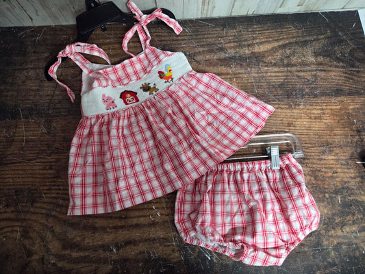 RED OLIVIA & THE BEAR FARM SMOCKED 2PC SET, GIRL 18M