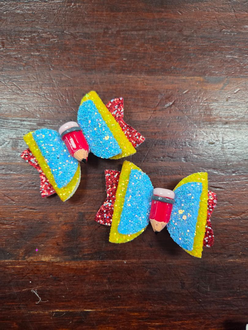 Blue /red  2pc glitter pencil bow