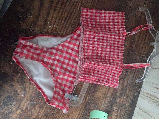 RED/WHITE CROWN & IVY PLAID 2PC SWIM, GIRLS 10