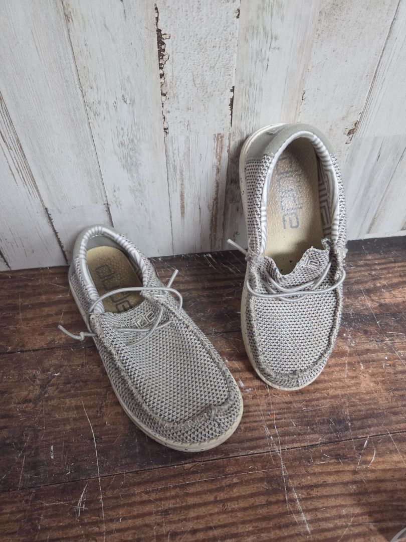 BEIGE HEY DUDE SLIP ONS, SHOES Y1