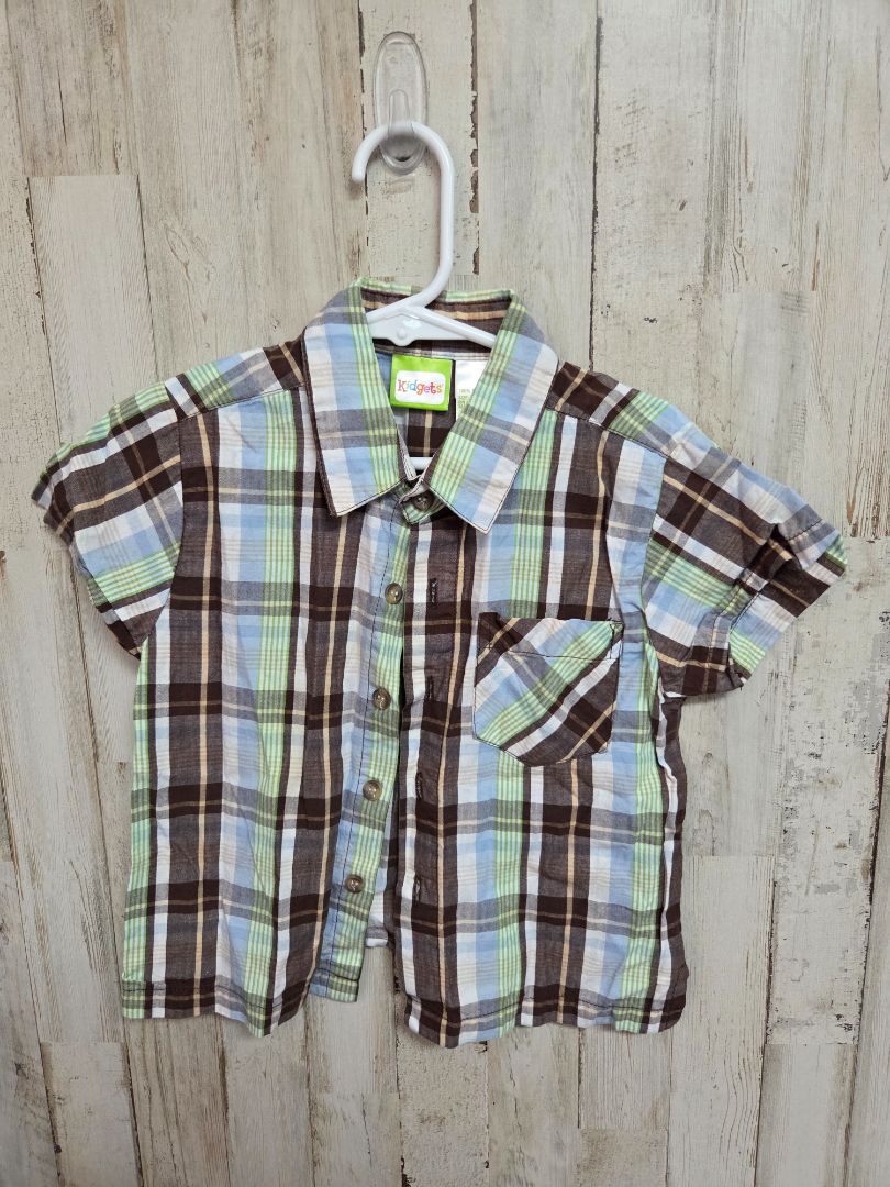 BROWN/LIME KIDGETS PLAID BUTTON UP, BOY 3T