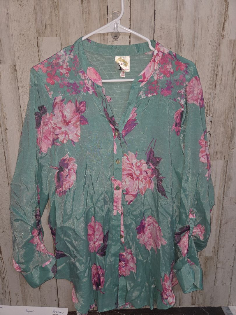 TEAL FIG & FLOWER SHEER FLOWER TOP, LADIES XL