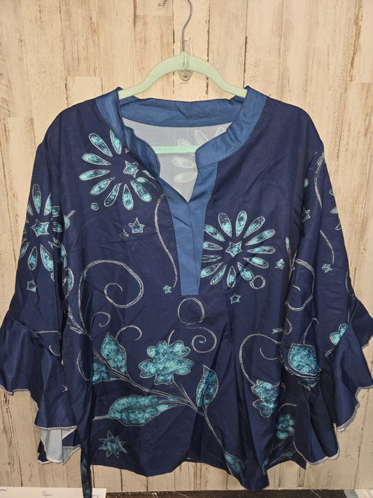 NAVY  FLORAL NOTCH  TOP, LADIES 2X
