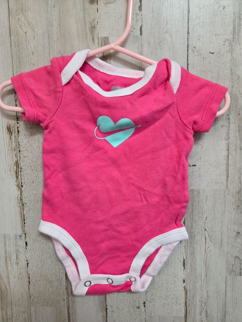 pink nike logo heart onesie, girl 3m