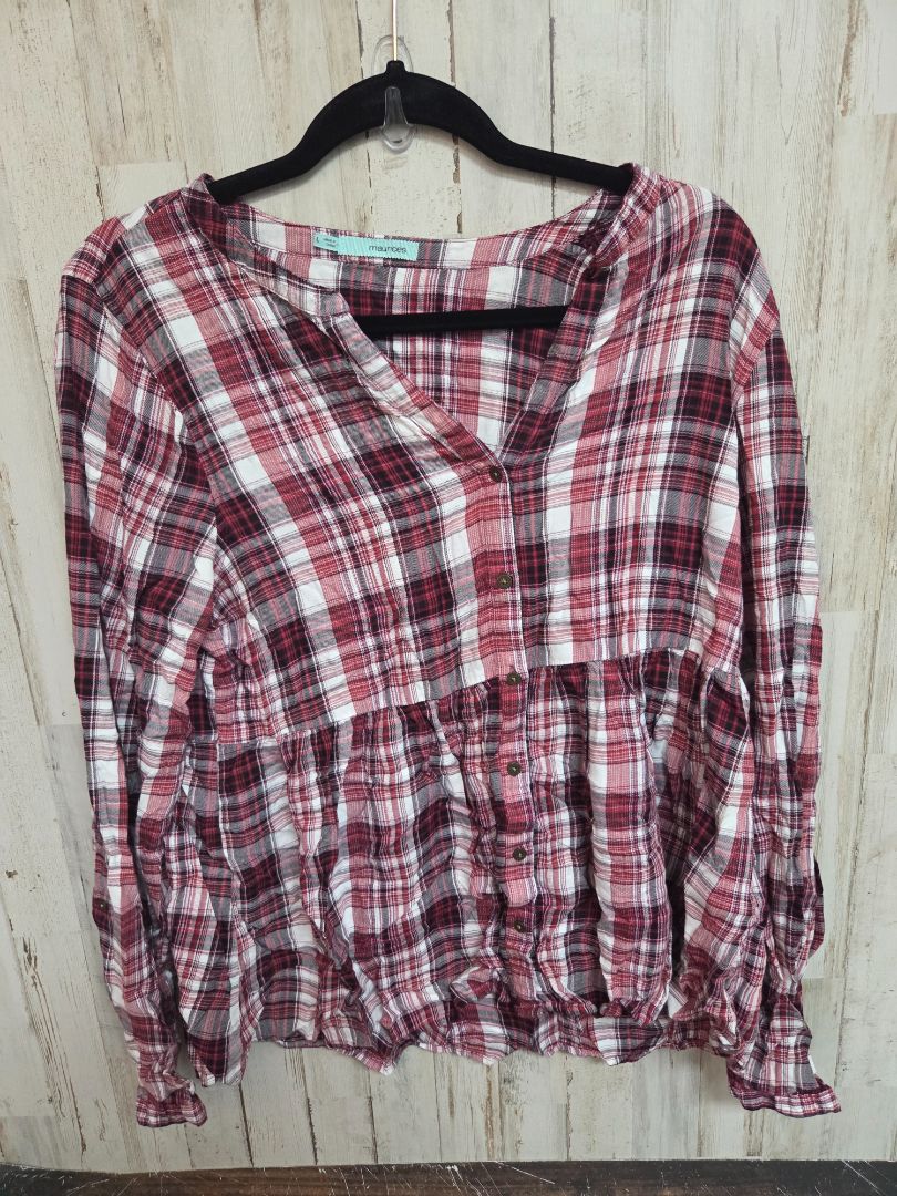 RED MAURICES PLAID BUTTON BLOUSE, LADIES L