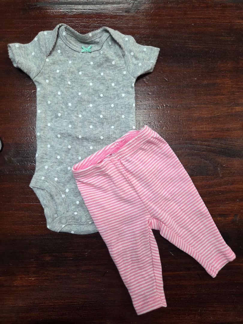 GREY/PINK SIMPLE JOYS DOT & STRIPE OUTFIT, GIRL PREEMIE
