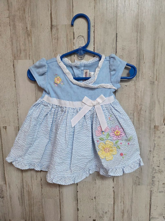 BLUE YOUNGLAND SEERSUCKER EYELET DRESS, GIRL 0-3M