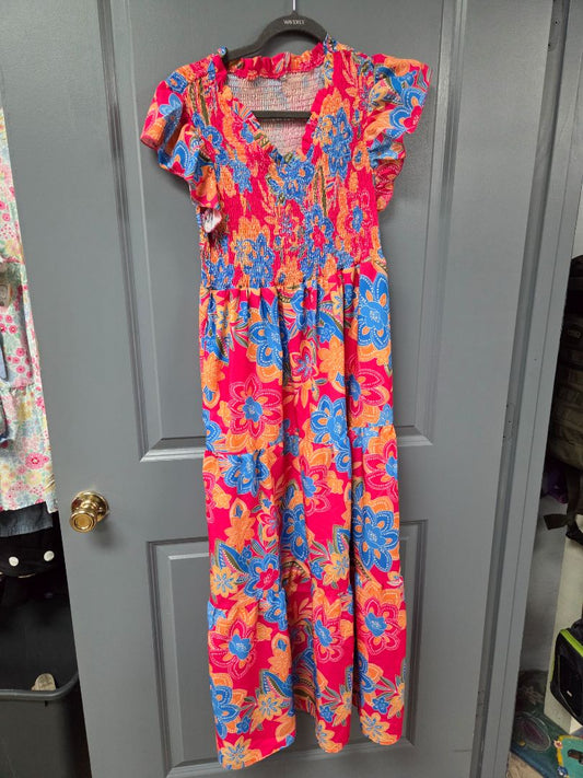 PINK/BLUE  SMOCKED FLORAL MAXI DRESS, LADIES XL