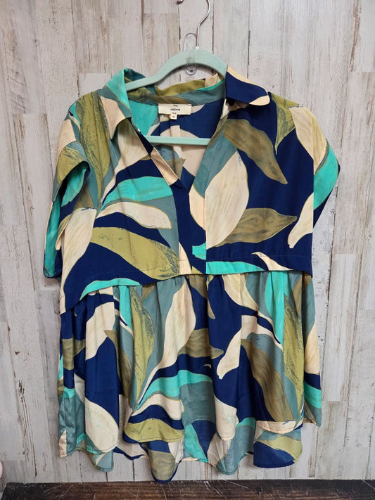 NAVY/BEIGE ENTRO PRINTED COLLAR TOP, LADIES M