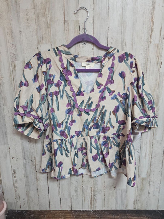 TAN ENTRO FLORAL SCALLOP TOP, LADIES L