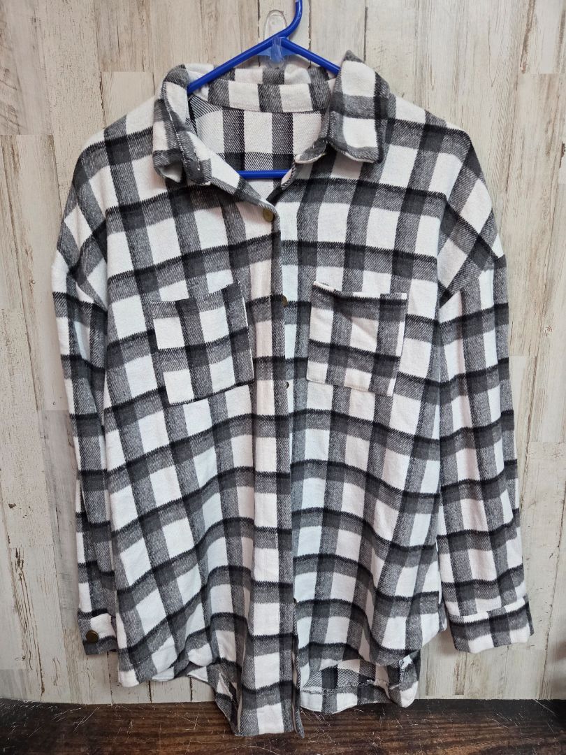 BLACK/WHITE SHEIN FLEECE BUTTON UP, LADIES M