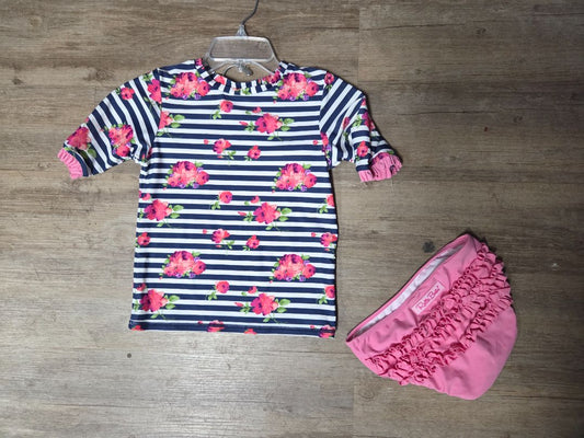 pink/navy ruffle butts floral stripe swim suit, girl 10