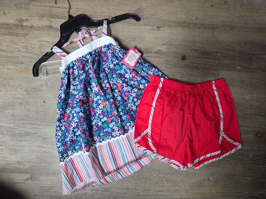 blue/red ricrac & ruffles NEW floral 2pc set, girl 10