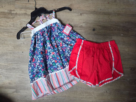 blue/red ricrac & ruffles NEW floral 2pc set, girl 10