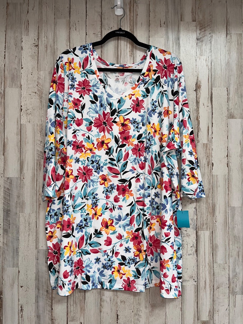 PINK WOMAN WITHIN FLORAL COTTON V NECK 26/28, LADIES 2X