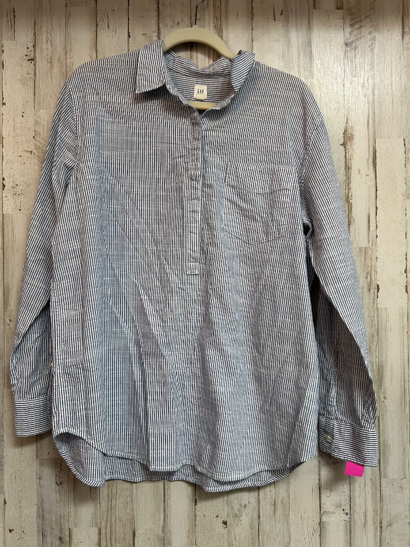 WHITE/BLUE GAP STRIPE LINEN BUTTON UP, LADIES XL
