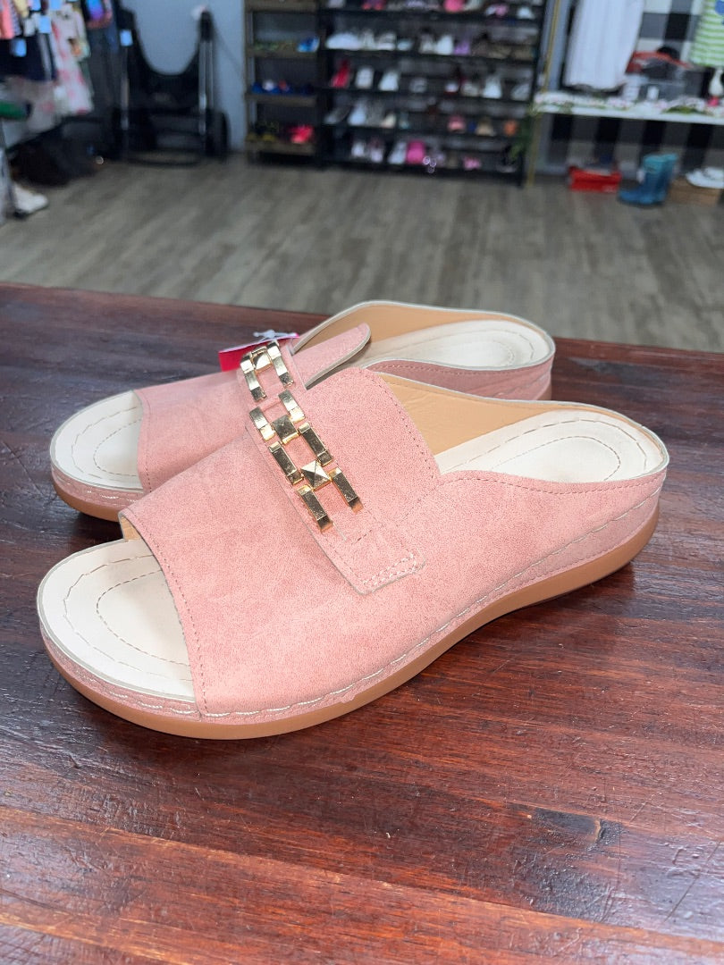 PINK  SUEDE BUCKLE SLIDES, SHOES A8.5