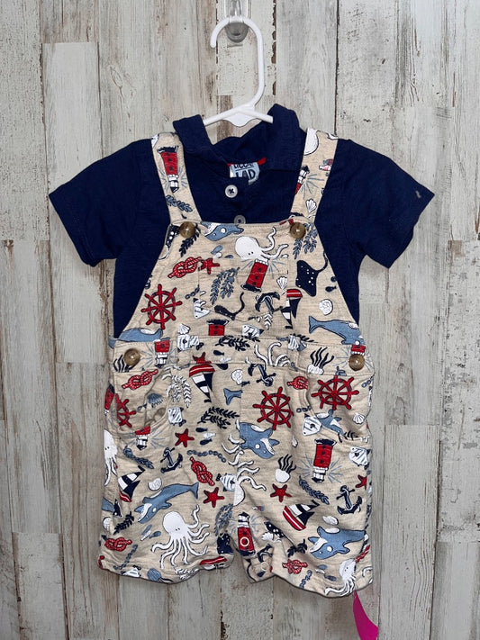 NAVY/TAN LITTLE LAD WHALE PRINT OVERALLS/POLO SET, BOY 24M